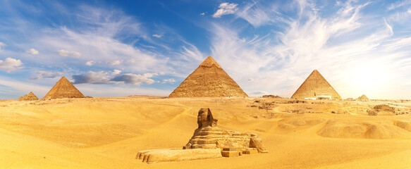 The Great Sphinx by the Egypt Piramid Complex, famous Wonder of the World, Giza