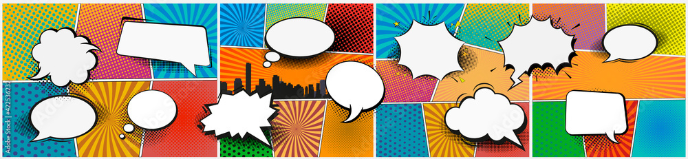 Poster set of retro comic book vector design elements, speech and thought bubbles