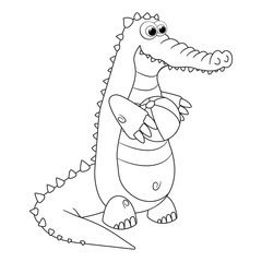 Colorless cartoon Crocodile with ball. Coloring pages. Template page for coloring book of funny alligator for kids. Practice worksheet or Anti-stress page for child. Cute outline education game. EPS10