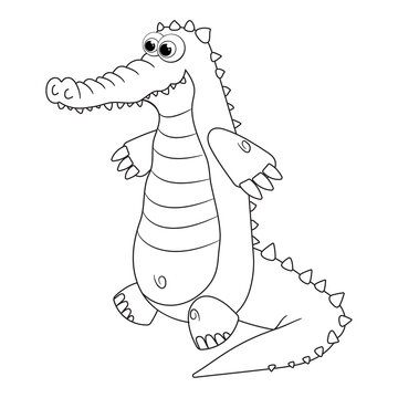 Colorless cartoon Crocodile is running. Coloring pages. Template page for coloring book of funny alligator for kids. Practice worksheet or Anti-stress page for child. Cute outline education game.