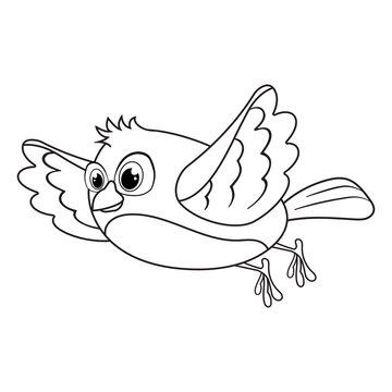 Colorless cartoon Bird is fly. Coloring pages. Template page for coloring book of funny Dove for kids. Practice worksheet or Anti-stress page for child. Cute outline education game. Vector EPS10.