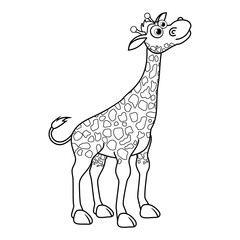 Colorless cartoon Giraffe smiles. Coloring pages. Template page for coloring book of funny Calf for kids. Practice worksheet or Anti-stress page for child. Cute outline education game. Vector EPS10