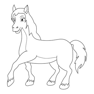 Colorless cartoon Horse or Pony. Coloring pages. Template page for coloring book of funny Mare for kids. Practice worksheet or Anti-stress page for child. Cute outline education game. Vector EPS 10
