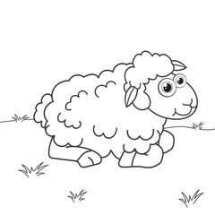 Colorless cartoon Sheep on lawn. Coloring pages. Template page for coloring book of funny Lamb or ewe for kids. Practice worksheet or Anti-stress page for child. Cute outline education game. EPS 10