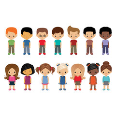 Set of little cute boys and girls. Cartoon children