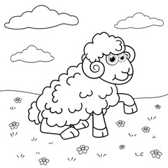 Colorless cartoon Mutton on colorful lawn. Coloring pages. Template page for coloring book of funny Ram for kids. Practice worksheet or Anti-stress page for child. Cute outline education game. EPS 10