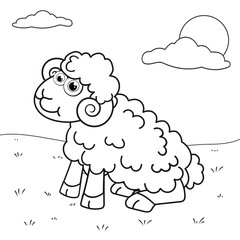 Colorless cartoon Mutton sitting on lawn. Coloring pages. Template page for coloring book of funny Ram for kids. Practice worksheet or Anti-stress page for child. Cute outline education game. EPS10