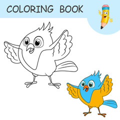 Coloring book with bird is waving wings. Colorless and color samples Parrot on coloring page for kids. Coloring design in cute cartoon style. Black contour silhouette with a sample for coloring.
