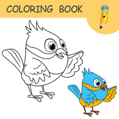 Coloring book with fun character Bird is speak. Colorless and color samples Sparrow on coloring page for kids. Coloring design in cute cartoon style. Black contour silhouette with sample for coloring.