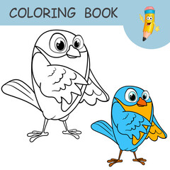 Coloring book with fun character Bird. Colorless and color samples Birdie or Parrot on coloring page for kids. Coloring design in cartoon style. Black contour silhouette with a sample for coloring.