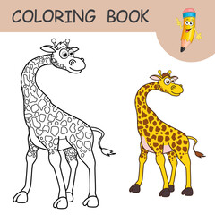Naklejka premium Coloring book with fun character Giraffe. Colorless and color samples Giraffe on coloring page for kids. Coloring design in cute cartoon style. Black contour silhouette with a sample for coloring.