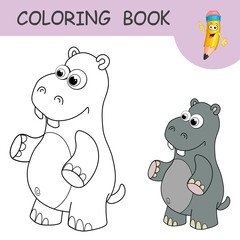 Coloring book with fun character Hippo. Colorless and color samples Behemoth on coloring page for kids. Coloring design in cute cartoon style. Black contour silhouette with a sample for coloring.