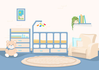 Vector illustration of an interior of a nursery for a newborn with a baby bed, changing table, mother's chair, books and a teddy bear