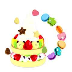 イチゴとキウイ・バナナ・オレンジのデコレーションフルーツケーキにソフトクリームをのせて｜Strawberry and kiwi / banana / orange decoration Fruit cake with soft serve ice cream