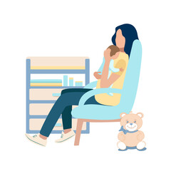 Obraz premium Vector illustration of a happy young mother holding a baby in her arms while sitting in a chair next to the changing table. Happiness of motherhood, mother's day, happy childhood on a white background