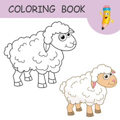 Coloring book with fun character Sheep. Colorless and color samples Lamb on coloring page for kids. Coloring design in cute cartoon style. Black contour silhouette with a sample for coloring. Vector