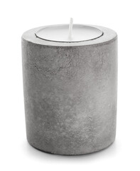 Candle in stylish holder on white background