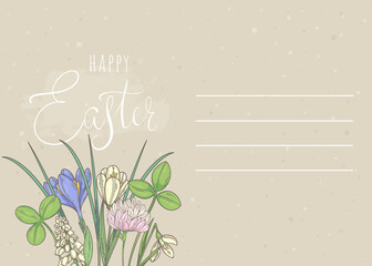Happy easter. Postcard with spring flowers