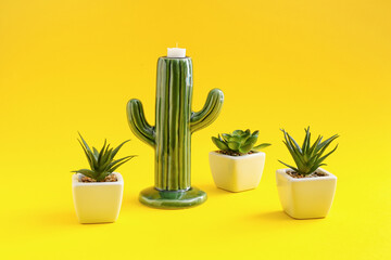 Candle holder and cacti on color background