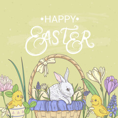 Happy Easter. Banner with bunnies and spring flowers