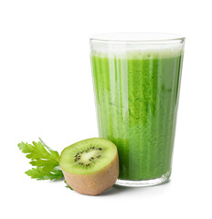 Glass of healthy green smoothie on white background