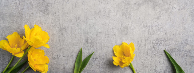 Konzept des Muttertagsgrußes mit gelbem Tulpenstrauß auf grauem Hintergrund © RomixImage