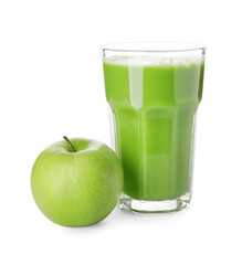 Glass of healthy green smoothie and apple on white background