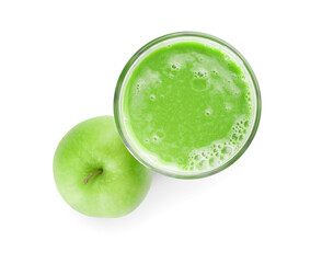 Glass of healthy green smoothie and apple on white background