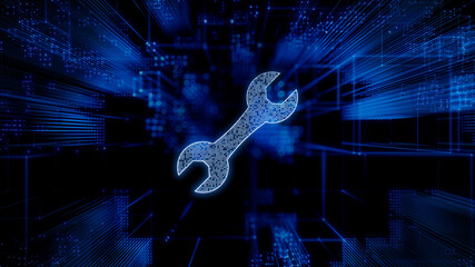 Configure Technology Concept with tool symbol against a Futuristic, Blue Digital Grid background. Network Tech Wallpaper. 3D Render 