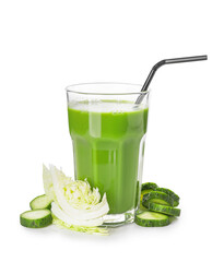 Glass of healthy green smoothie and ingredients on white background