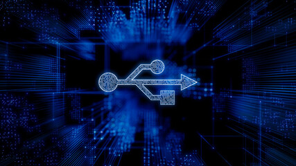 Interface Technology Concept with usb symbol against a Futuristic, Blue Digital Grid background. Network Tech Wallpaper. 3D Render 