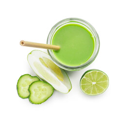 Glass of healthy green smoothie and ingredients on white background