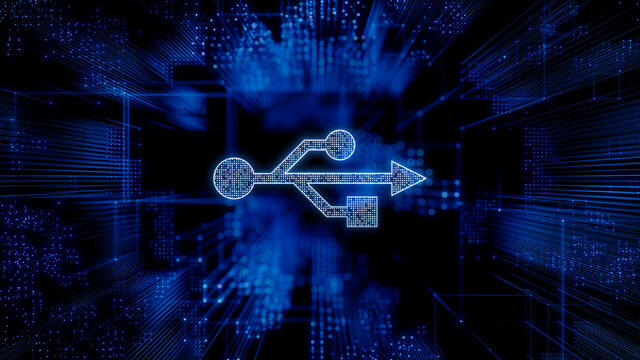 Interface Technology Concept with usb symbol against a Futuristic, Blue Digital Grid background. Network Tech Wallpaper. 3D Render 