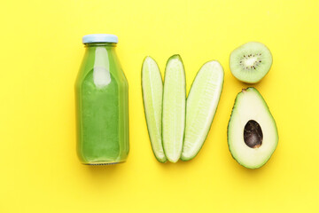 Composition with bottle of healthy green smoothie and ingredients on color background