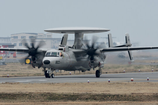 Yamaguchi, Japan - March 21, 2017: United States Navy E-2D Advanced Hawkeye from VAW-125 'Tigertails'.