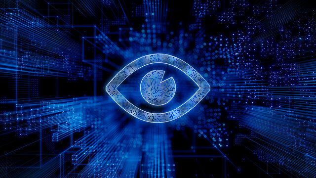 Vision Technology Concept with eye symbol against a Futuristic, Blue Digital Grid background. Network Tech Wallpaper. 3D Render 