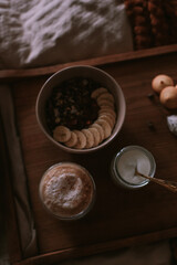 Still life of granola, yoghurt and coffee