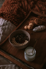 Still life of granola, yoghurt and coffee