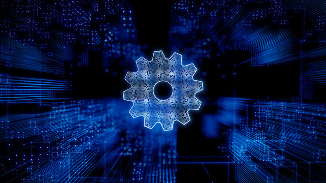 Configure Technology Concept with cog symbol against a Futuristic, Blue Digital Grid background. Network Tech Wallpaper. 3D Render 