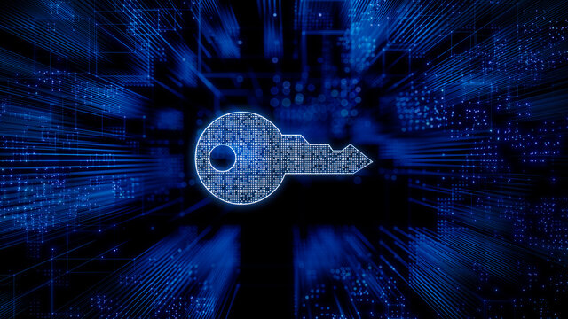 Security Technology Concept with key symbol against a Futuristic, Blue Digital Grid background. Network Tech Wallpaper. 3D Render 