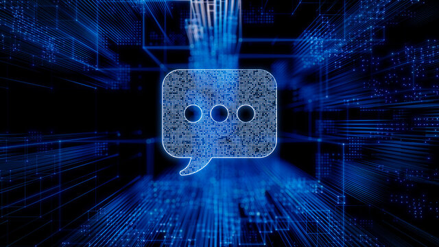 Text Technology Concept with sms symbol against a Futuristic, Blue Digital Grid background. Network Tech Wallpaper. 3D Render 