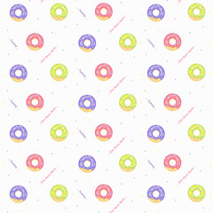 Seamless pattern. Donuts with lemon-lime, strawberry and blueberry glaze, sprinkled with small stars, on light beige background. Vector illustration.