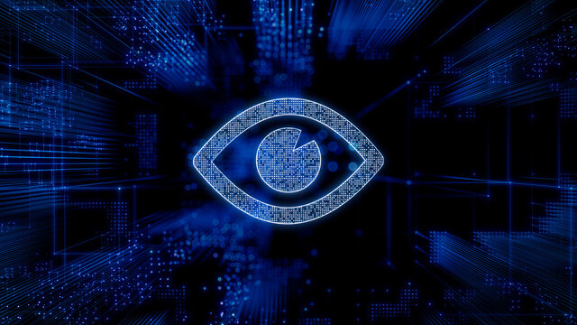 Vision Technology Concept with eye symbol against a Futuristic, Blue Digital Grid background. Network Tech Wallpaper. 3D Render 