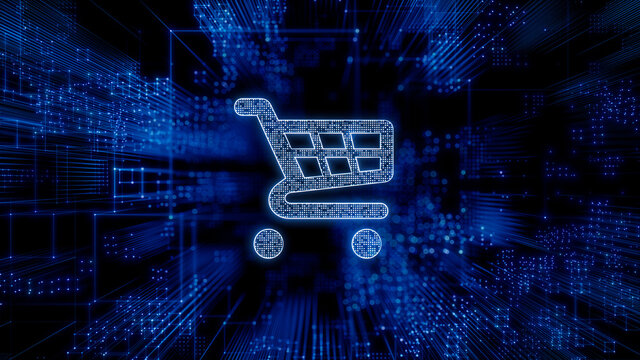 Ecommerce Technology Concept with shopping symbol against a Futuristic, Blue Digital Grid background. Network Tech Wallpaper. 3D Render 