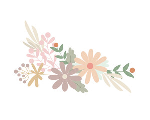 Fototapeta na wymiar Floral arrangement of simple pastel-colored flowers in flat style vector illustration, symbol of spring, cozy home, Easter holidays celebration decor, clipart for cards, bohemian springtime decoration
