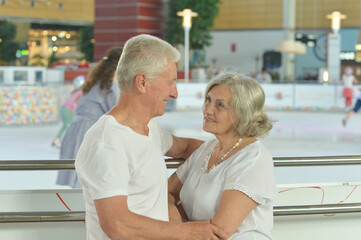 beautiful happy Mature couple traveling. back view