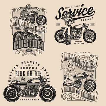 Motorcycle vintage monochrome badges