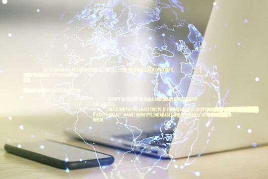 Multi exposure of abstract programming language hologram with world map on computer background, artificial intelligence and neural networks concept