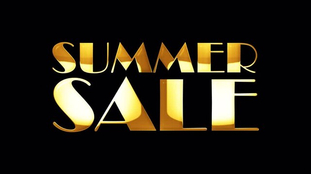 4K 3D SUMMER SALE golden word title. 3D Illustration of isolated word isolated using QuickTime Alpha Channel ProRes 4444 with golden light loop. Summer Sale gold text looping effect element concept. 