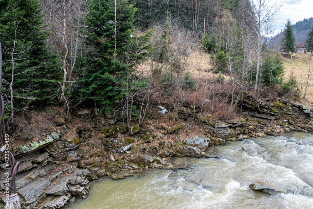 Wall mural River with rapids and cold winter mountain landscape